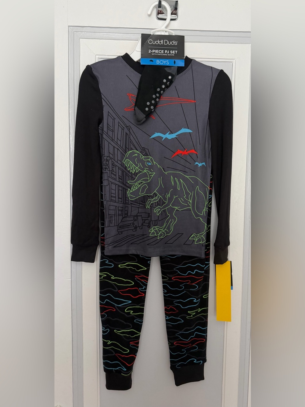 Cuddl Duds Boys' Black & Gray Dino 2pc. Pajama Set with Neon Accents